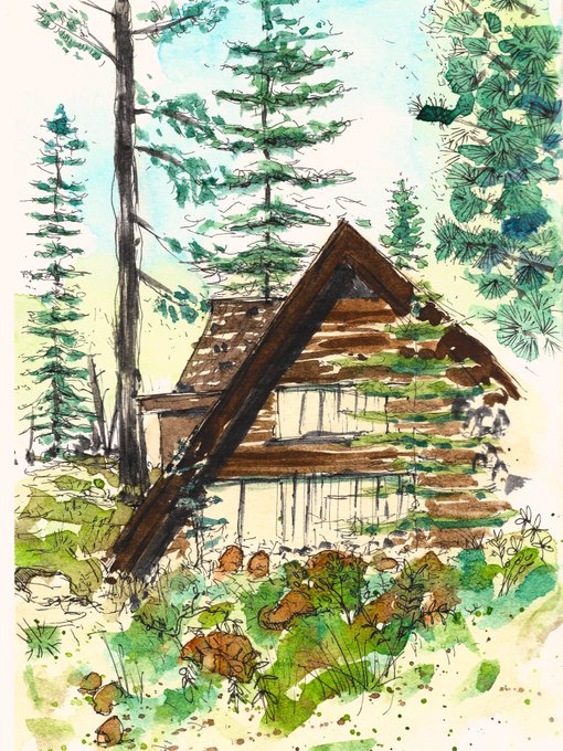 A watercolor and ink painting depicting an A-frame wooden cabin nestled in a forest, with tall pine trees and lush green and brown foliage in the foreground.