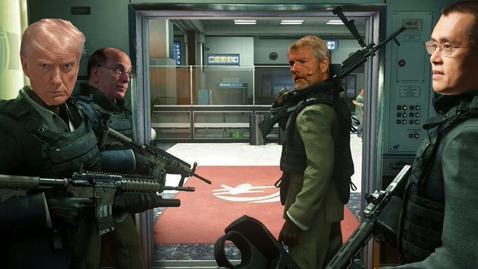 A video game cutscene featuring four heavily armed men in tactical gear holding weapons inside what appears to be a high-security facility.