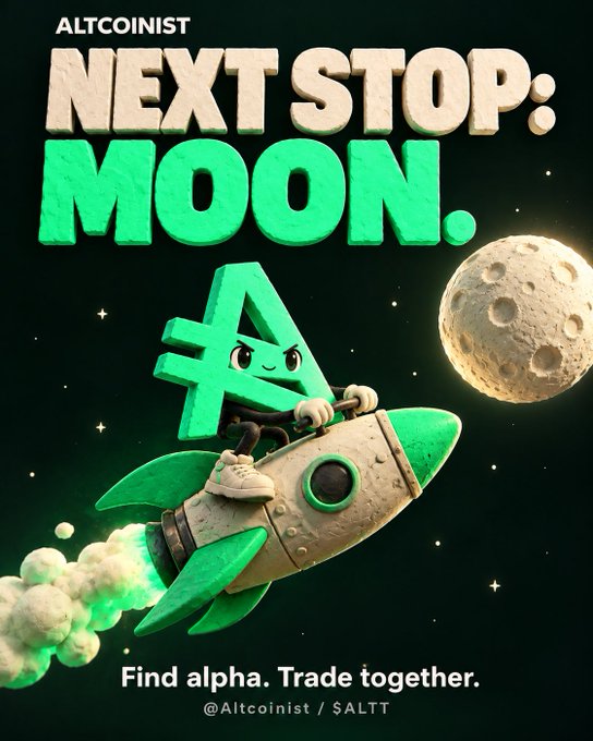 A promotional graphic from ALTCOINIST featuring a cartoon Teana (TA) coin mascot piloting a rocket toward the moon, with the bold headline "NEXT STOP: MOON" and the tagline "Find alpha. Trade together." alongside the handle "@Altcoinist" and ticker "$ALTT."

The image visually reinforces the post's playful "to the moon" sentiment and hype for the Altcoinist tool's trading features and $ALTT cashback.