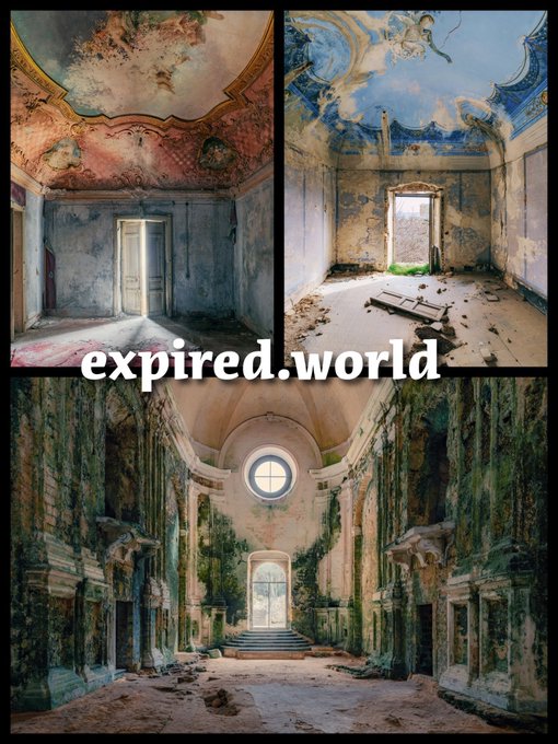 A collage titled "expired.world" showcasing three haunting images of abandoned, decaying rooms with peeling frescoes, overgrown vegetation, and crumbling architecture that evoke a sense of forgotten grandeur and the passage of time. The post appears to be announcing a price adjustment for these unique 1/1 digital artworks to 0.6 ETH, available on SuperRare, suggesting the images are samples of the artist's distinctive decay-themed portfolio.