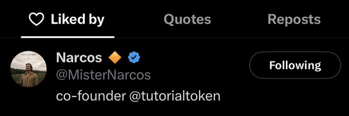 The image shows a Twitter/X "Liked by" section featuring Narcos (@MisterNarcos), identified as co-founder of @tutorialtoken, with a verified account and orange diamond emoji, and a "Following" button displayed. This indicates that the Narcos account has liked the post mentioning "$Xchangetheworld."