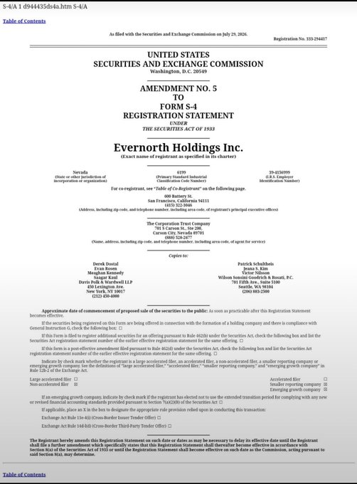 A U.S. Securities and Exchange Commission (SEC) filing header for 'AMENDMENT NO. 5 TO FORM S-4 REGISTRATION STATEMENT UNDER THE SECURITIES ACT OF 1933' for Evernorth Holdings Inc.