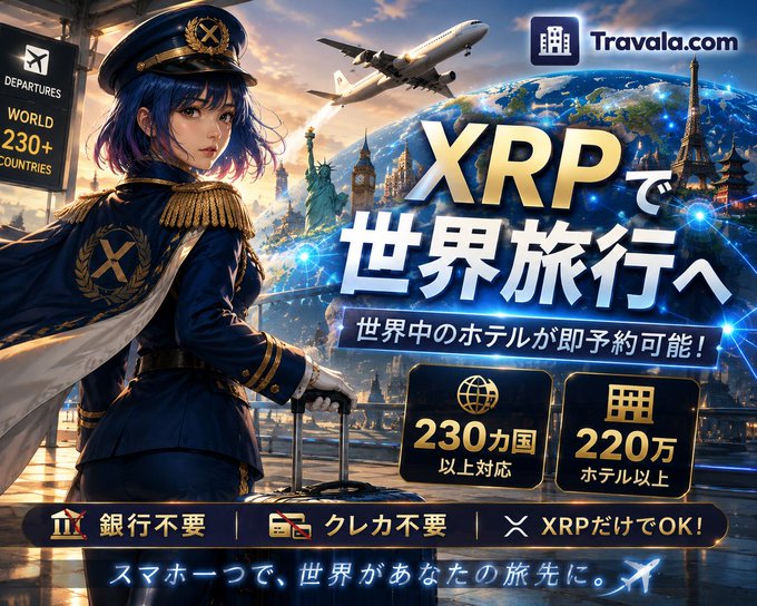 A promotional Travala.com banner featuring an anime-style flight attendant and the Statue of Liberty, advertising XRP-powered hotel bookings across 230+ countries and 2.2 million+ hotels without needing a bank or credit card.