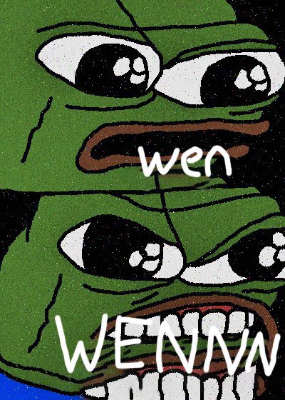 The image features a popular Pepe the Frog meme with a strained, anxious expression, overlaid with the white handwritten text "wen" and "WENNN" in white lettering. The humor ties directly to the post "wen tokenized stocks on base," using the classic "wen" meme format—a running joke in crypto communities—to impatiently ask when tokenized stocks will arrive on the Base blockchain.