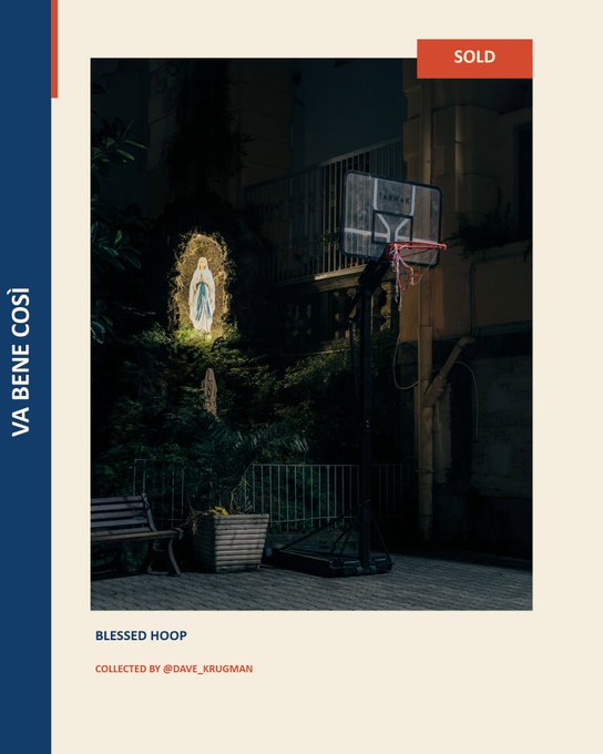 A 'SOLD' digital art listing titled 'BLESSED HOOP' by VA BENE COSÌ, collected by @DAVE_KRUGMAN, depicting a basketball hoop illuminated in a dark courtyard with a religious figure in glowing light.