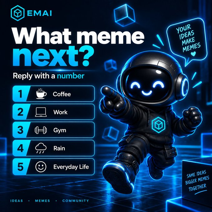A promotional graphic for EMAI featuring a cute robot mascot in a neon-lit scene, asking viewers 'What meme next?' with reply options numbered 1-5 (Coffee, Work, Gym, Rain, Everyday Life).