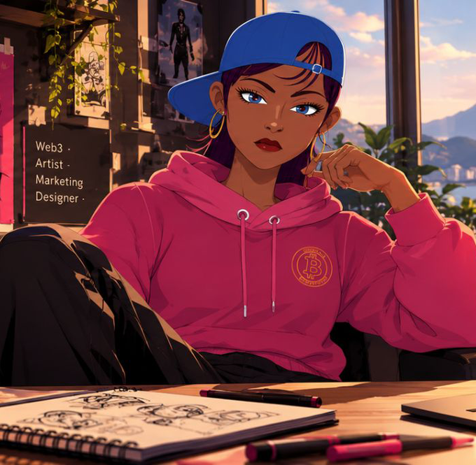 An anime-style digital illustration of a woman in a blue cap and pink hoodie sitting at a desk with sketchbooks and markers; text reads 'Web3 . Artist . Marketing Designer .' and her hoodie features a 'B' logo.