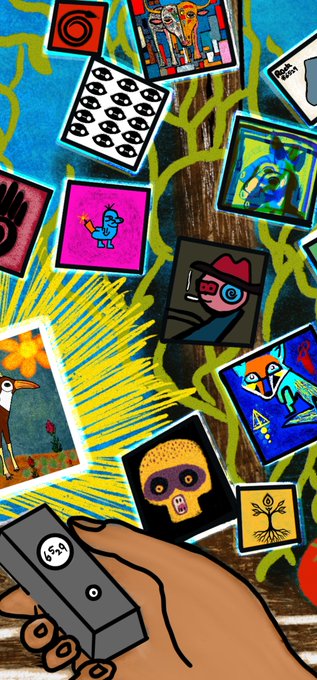 A vibrant, colorful illustration depicts a hand holding a camera in the foreground, taking a photo of a wall covered in various surreal and folk-art style stickers and posters, including images of eyes, birds, skulls, and a tree.
