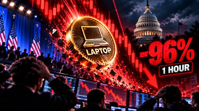A dramatic promotional graphic featuring a gold "LAPTOP" coin with a laptop design, red stock chart candlesticks, the U.S. Capitol building, American flags, distressed traders, and text reading "-96% 1 HOUR."
