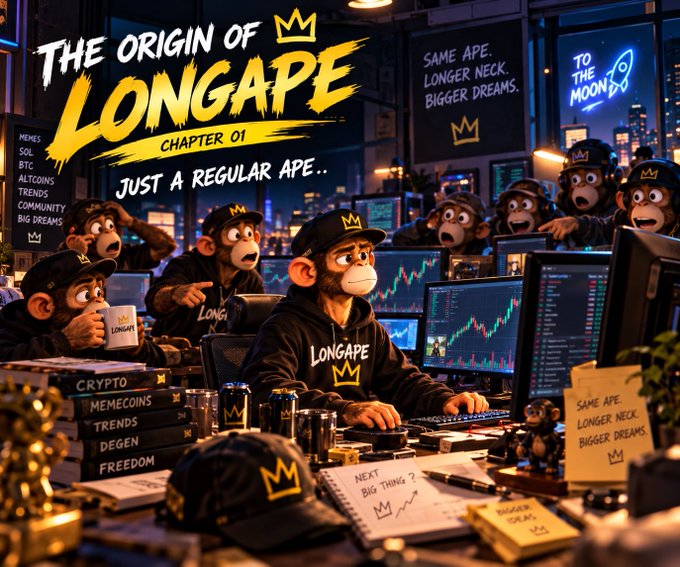 A vibrant, stylized illustration titled 'THE ORIGIN OF LONGAPE CHAPTER 01 JUST A REGULAR APE..' featuring multiple cartoon monkeys wearing 'LONGAPE' hoodies and caps trading cryptocurrencies in a busy office setting. Neon signs and books labeled 'CRYPTO', 'MEMECOINS', and 'TRENDS' decorate the scene.