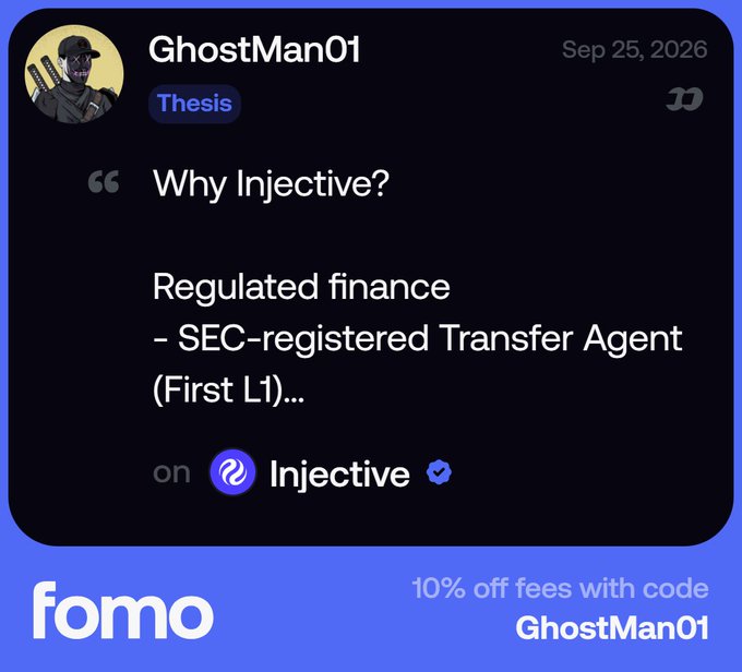 A social media post from 'GhostMan01' on Injective discussing regulated finance and SEC-registered Transfer Agent status, with 'fomo' branding and a promo code.