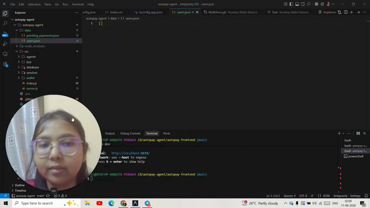 The image shows a computer screen with a person's face displayed, likely a woman wearing glasses. The background of the image is black, which contrasts with the white text that reads "AutoPay Agent now supports real blockchain payments". This information suggests that the image might be related to a discussion or tutorial about using AutoPay Agent for real-time payments on the Ethereum blockchain.