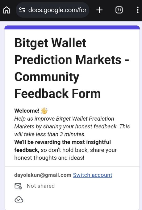 The image displays a cell phone screen displaying information from the community feedback form of Bitget Wallet Prediction Markets, which reads "Welcome! Help us improve Bitget Wallet Prediction Markets by sharing your honest feedback." The form also mentions that there's an email address provided and encourages users to share their opinions on the subject matter. It appears that the image is related to a post about Bitcoin Wallets or prediction markets in particular.