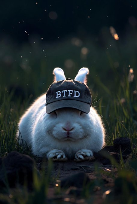 The image features a white rabbit wearing a black hat with "BTFLD" written on it as it sits or stands in a grassy area, possibly at night. The backdrop for this scene includes some rocks and trees, which adds depth and context to the image. There is also text visible within the image, such as "Goodnight X!", "#GN !" (generated by user5), "#BTC" (#NFA), "$74.8k", "#recharge well", "#stack those dreams", and "#testing deeper supports". These elements contribute to the overall composition of the photo.