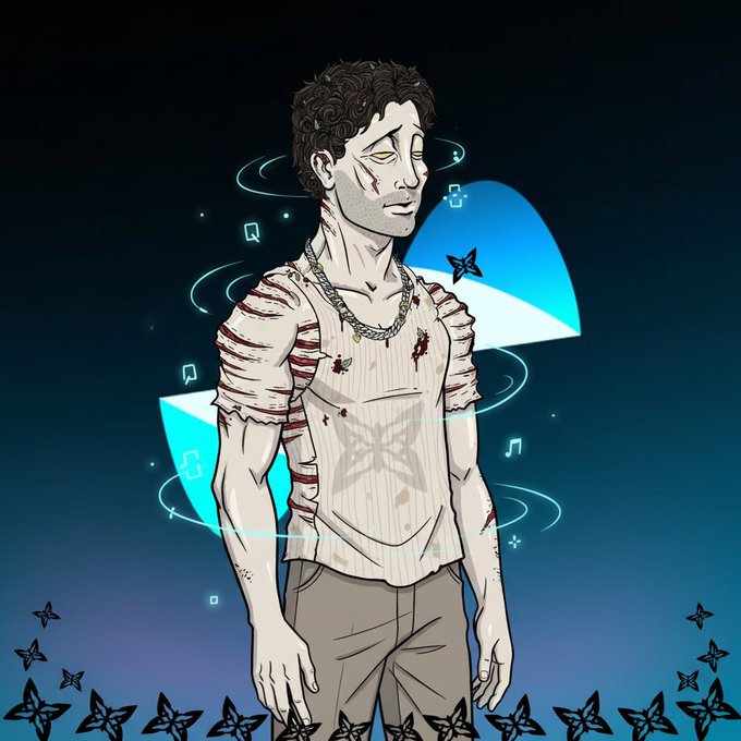 A stylized digital illustration of a young man with curly dark hair, wearing a torn and bloodied striped shirt with a chain necklace, surrounded by glowing blue butterflies and mystical light swirls against a dark background.