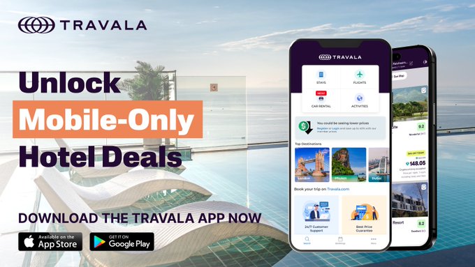 A promotional advertisement for the Travala app offering 'Mobile-Only Hotel Deals,' showing the app interface on a smartphone alongside a tropical resort background, with App Store and Google Play download links.