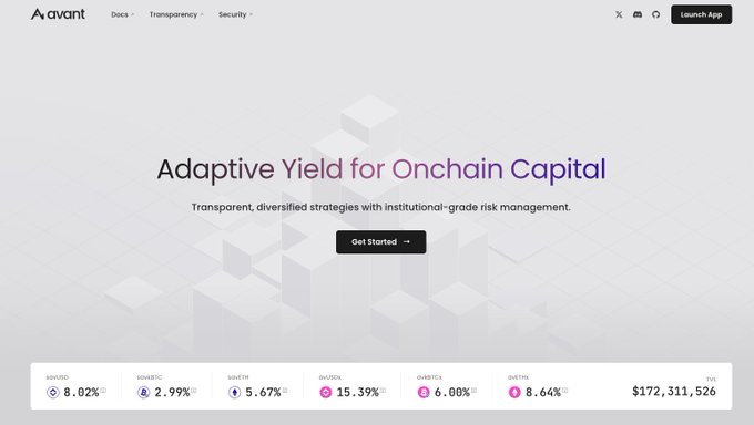 Website screenshot for 'Avant' with the headline 'Adaptive Yield for Onchain Capital', displaying various crypto APYs including AAVUSD 8.02%, AAVBTC 2.99%, AAVETH 5.67%, with a TVL of $172,311,526.