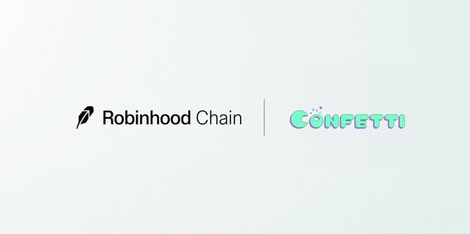 A minimalist graphic displaying the logos for 'Robinhood Chain' and 'CONFETTI' side by side on a light background.
