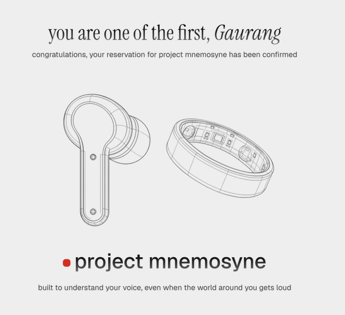 A reservation confirmation graphic for 'project mnemosyne' addressed to 'Gaurang', featuring wireframe sketches of a wireless earbud and a smart ring with the tagline 'built to understand your voice, even when the world around you gets loud.'