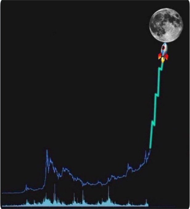 A rocket soars past the moon in a meme-style illustration, with its trajectory shown as a green candlestick line spiking sharply upward from a chart displaying volatile blue price action—visualizing the post's request to "shill your #memecoin ready to moon."