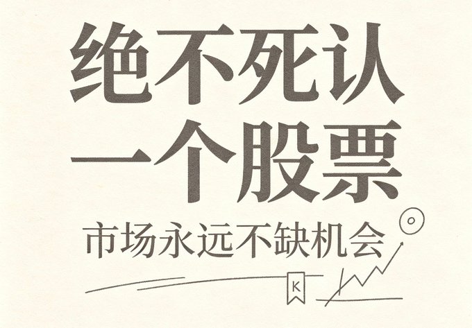 Chinese text '绝不死认一个股票' (Never stubbornly recognize just one stock) and '市场永远不缺机会' (The market will never lack opportunities) with stock chart illustrations.