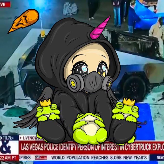 A chibi-style character in a black hooded outfit with a gas mask and unicorn horn holds three crowned frogs, overlaid on a news broadcast reading 'LAS VEGAS POLICE IDENTIFY PERSON OF INTEREST IN CYBERTRUCK EXPLO' with an EGL/LiveNow logo in the corner.
