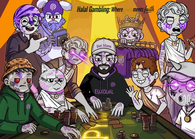 A cartoon illustration titled 'Halal Gambling: Where fun meets faith' featuring various characters (including ones labeled 'PYTH', 'EUKODAL', 'empress', 'punch') gathered around a poker table with purple 'PYTH' branding.