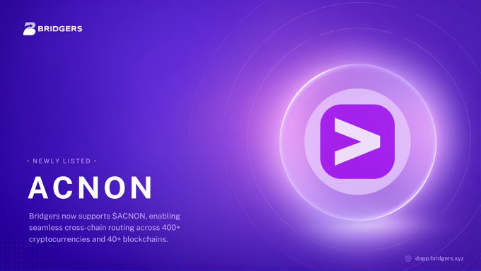 A purple promotional graphic from Bridgers announces a 'Newly Listed' token called ACNON, supporting cross-chain routing across 400+ cryptocurrencies.