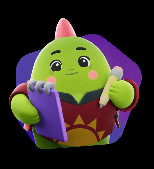 A green animated character mascot with a pink horn holds a purple notebook and a pencil, smiling against a purple background.