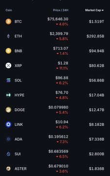 A cryptocurrency market display showing prices and 24-hour changes for coins including BTC ($75,646.30), ETH ($2,399.79), BNB ($713.07), XRP, SOL, HYPE, DOGE, LINK, ADA, SUI, and ASTER, with most showing losses.