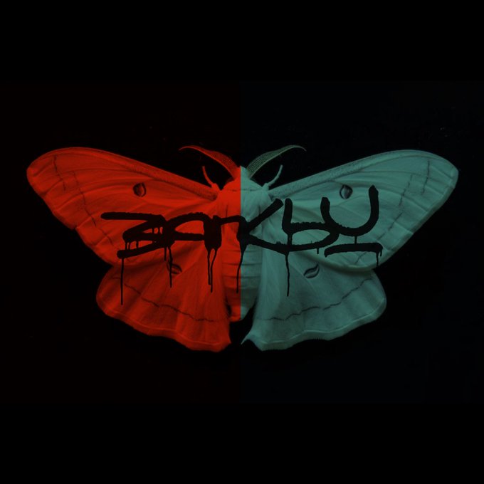 A digitally edited image of a butterfly, split vertically into red and cyan halves with black graffiti-style writing across its wings on a dark background.