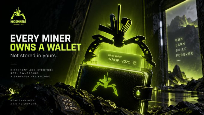 A neon green and black promotional graphic for 'HOODMINERS' features a glowing wallet displaying 'Miner Wallet 0x7A3F...9D2C', with text reading 'EVERY MINER OWNS A WALLET. Not stored in yours.' along with phrases like 'OWN. EARN. BUILD. FOREVER.' and 'NFTS THAT DO MORE'.