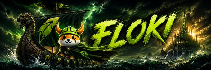 A banner reading 'FLOKI' featuring the Shiba Inu mascot dressed as a Viking on a longship with a dragon figurehead, sailing past a castle in stormy seas.