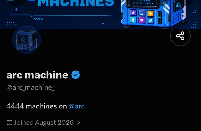 A Twitter/X profile for 'arc machine' (@arc_machine_) with a verified checkmark, bio stating '4444 machines on @arc', joined August 2026.