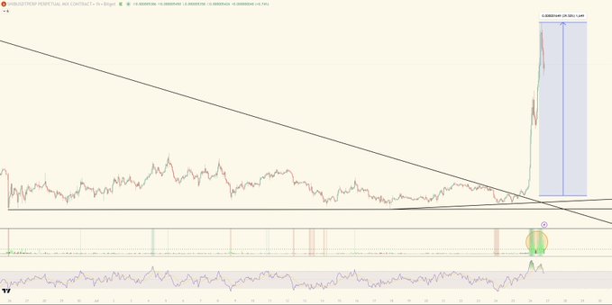 A TradingView chart of SHIB/USD (SHIBA INU) on Coinbase shows a sharp ~39.50% rally within a highlighted two-day window (Sept 25–26, 2024), breaking out of a long-term descending trendline and reaching $0.00002630, which the post jokingly compares to a "Shiba Inu-style dog biscuit rally" preceding Dogecoin's own move.
