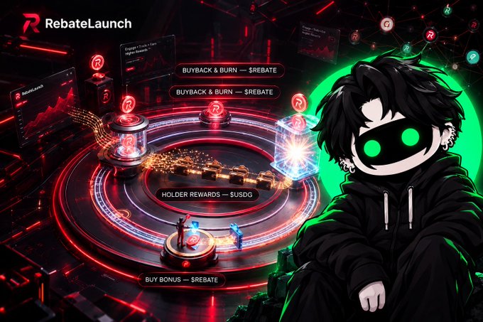 A dark red-and-green RebateLaunch graphic features a hooded cartoon figure, circular token platforms, and labels such as “BUYBACK & BURN — $REBATE,” “HOLDER REWARDS — $USDC,” and “BUY BONUS — $REBATE.”
