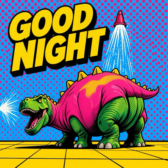 A pop-art style illustration of a green stegosaurus wearing a pink shirt being sprayed by a showerhead, with bold 'GOOD NIGHT' text against a blue polka-dot background.