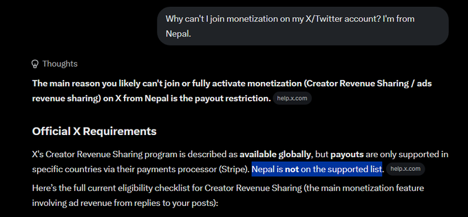 A Grok AI response to the question 'Why can't I join monetization on my X/Twitter account? I'm from Nepal,' explaining that Nepal is not on X's supported payout list due to Stripe restrictions.