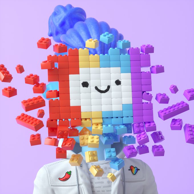 A 3D-rendered figure wearing a white jacket adorned with chili pepper and butterfly patches, featuring a head made entirely of colorful Lego-like blocks (red, yellow, white, blue, purple) with a smiling face, exploding into scattered pieces with a blue cloud above.