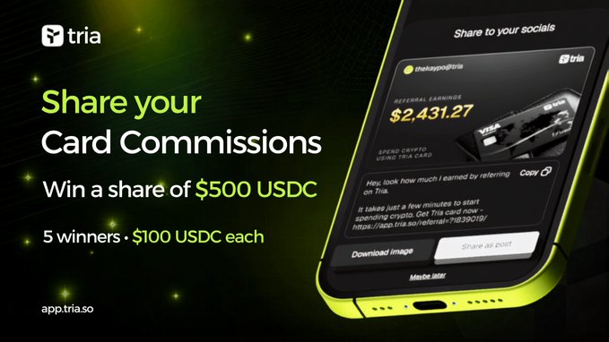 The image promotes a Tria referral campaign offering 5 winners a share of $500 USDC for sharing card commissions, showing a sample referral earnings card displaying "$2,431.27" earned by user "thekaypop@trw" with referral link details and share/download options for socials. It contrasts with the post's serious commentary on Bitcoin's BIP-110 consensus change, as the crypto-themed promotional graphic only loosely ties to the technical debate about block space efficiency being referenced.