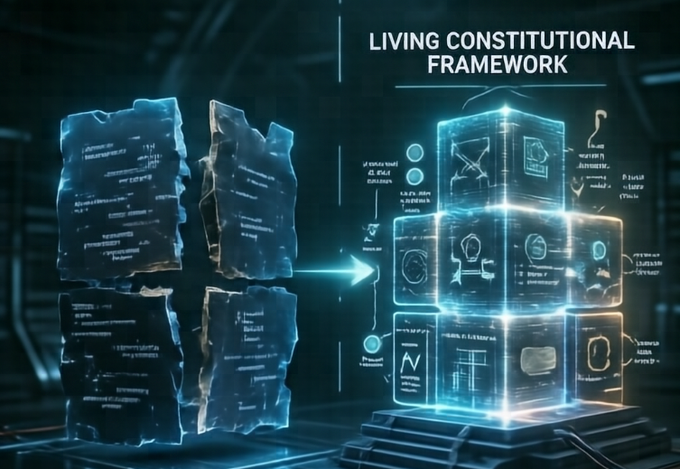 The image shows a stack of blue cubes with various symbols, including a book and a computer screen, arranged in a pyramid-like structure. The text "Living Constitutional Framework" is displayed above the cubes, indicating that this is part of an educational project or presentation related to the Constitution. The post also mentions that most chains are contracts, which could be interpreted as a metaphor for the interconnectedness of laws and regulations within a country's legal system.