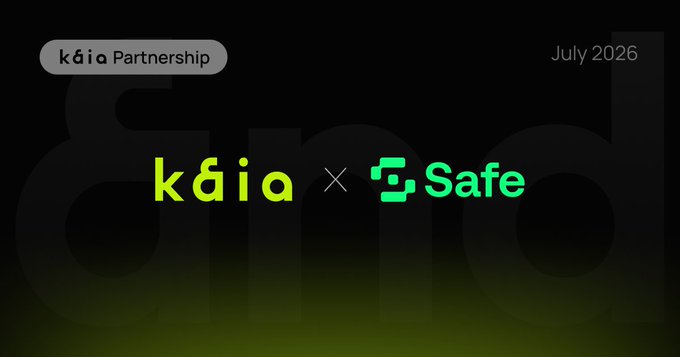 The image is a partnership announcement graphic dated July 2026, featuring the logos of "Kaia" and "Safe" side-by-side with a multiplication symbol between them, set against a black background with "Kaia Partnership" labeled at the top. The graphic visually represents the collaboration described in the post, where Safe has deployed its smart account infrastructure on the Kaia Chain network to provide multisig digital vaults for the ecosystem.