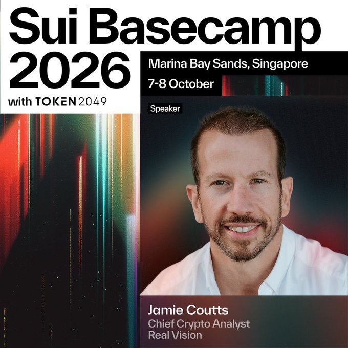 Promotional image for Sui Basecamp 2026 (Oct 7-8, Marina Bay Sands, Singapore) featuring speaker Jamie Coutts, Chief Crypto Analyst at Real Vision. The post confirms Coutts's speaking role and ties the event to the infrastructure underpinning the AI economy, aligning with the bold, futuristic neon design of the graphic.