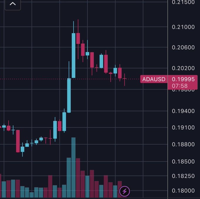 A candlestick chart of ADA/USD showing a recent sharp rally followed by consolidation around the $0.20 level (currently at 0.19995), with declining volume on the pullback—potentially forming the bull-flag pattern referenced in the post.