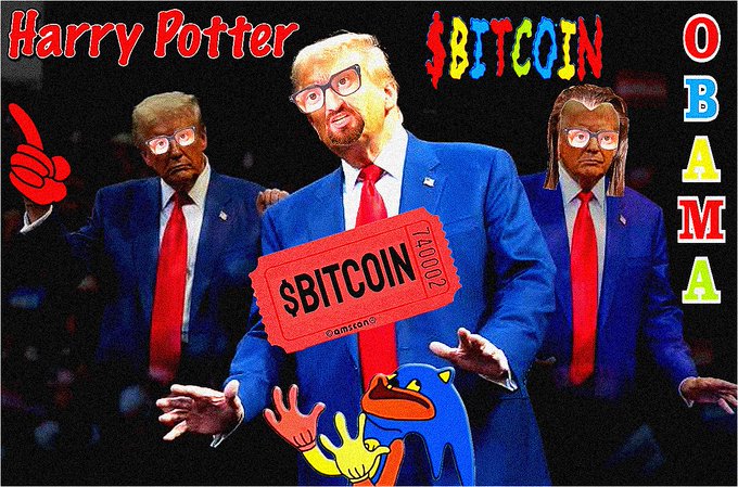 A satirical collage titled 'Harry Potter $BITCOIN OBAMA' featuring multiple photoshopped images of Donald Trump wearing Obama masks, with a red '$BITCOIN' ticket and cartoon monster graphics at the bottom.