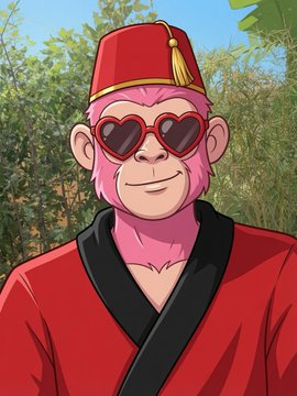 A pink monkey character wearing a red fez hat with a yellow tassel and heart-shaped sunglasses, dressed in a red robe with a black collar, posing confidently outdoors. The stylish outfit plays into the "Who wore it better?" theme by showcasing the monkey's trendy, fashion-forward look.