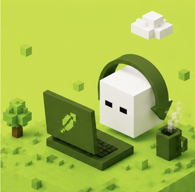 An isometric 3D illustration showing a blocky white character wearing green headphones next to a computer displaying a pickaxe icon, with a steaming coffee mug nearby.