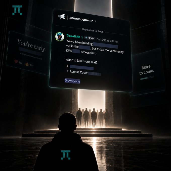 A dark scene showing a silhouette of a person looking toward a group of figures illuminated by a doorway, with an announcement from 'Iwealith' saying 'We've been building... but today the community gets access first.'