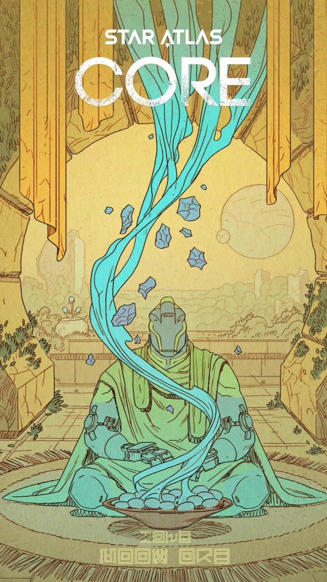 The image features an illustration of a man sitting in a chair with his legs crossed, holding a bowl filled with water above him. The scene appears to be set in a room or studio, as there are several other objects present such as a potted plant, a vase, and a book. The post is titled "Star Atlas Core" and has the website "www.staratlas.com/cores" written on it.