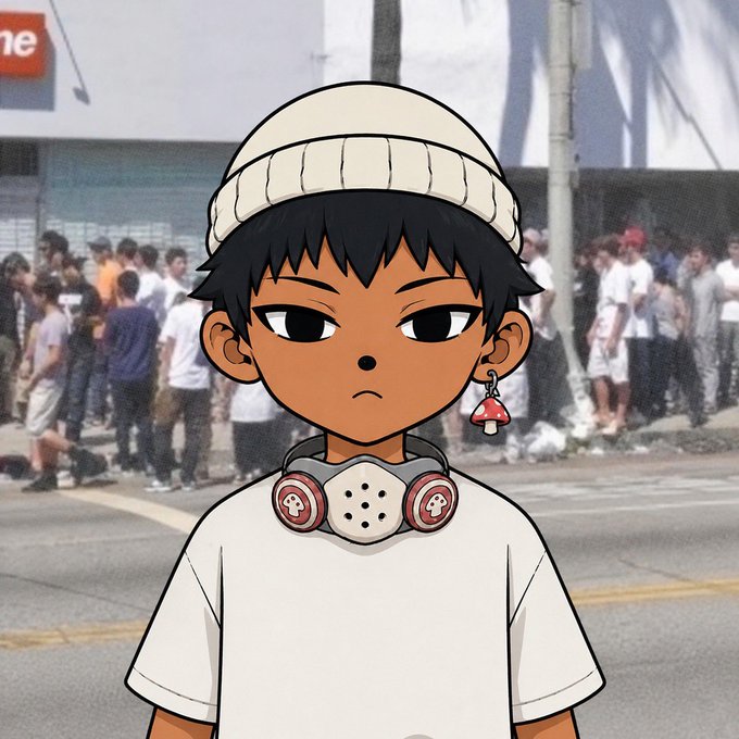An animated cartoon character with tan skin, a white beanie, white t-shirt, respirator mask around the neck, and a mushroom earring stands in front of a blurred background of people gathered on a street.